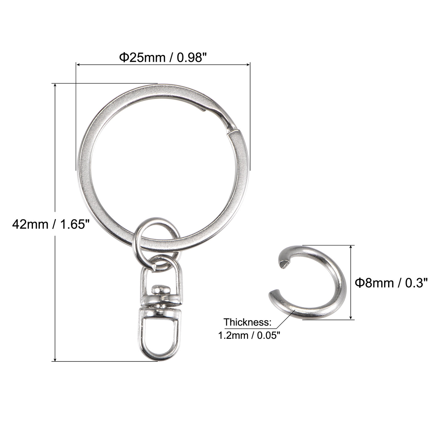 uxcell Uxcell Flat Split Key Ring with Swivel Chain 2x25mm, with 8mm Open Jump Ring Connector for Lanyard Zipper Handbag Art Craft, Nickel Plated Iron, Pack of 50
