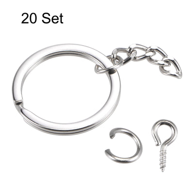 Harfington Uxcell Flat Split Key Ring with Chain 2.5x28mm, with 8mm Open Jump Ring Connector, with 10mm Small Screw Eye Pins, Nickel Plated Iron, Pack of 20
