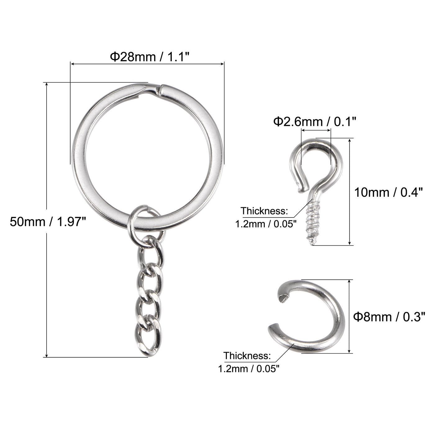 uxcell Uxcell Flat Split Key Ring with Chain 2.5x28mm, with 8mm Open Jump Ring Connector, with 10mm Small Screw Eye Pins, Nickel Plated Iron, Pack of 20