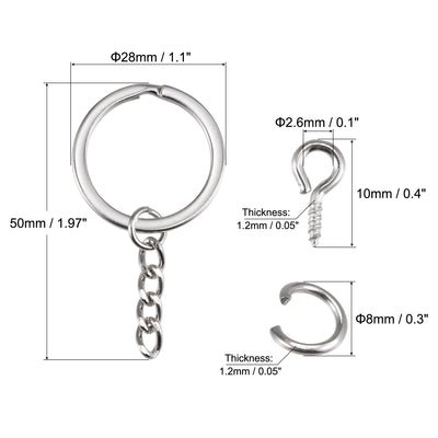 Harfington Uxcell Flat Split Key Ring with Chain 2.5x28mm, with 8mm Open Jump Ring Connector, with 10mm Small Screw Eye Pins, Nickel Plated Iron, Pack of 20