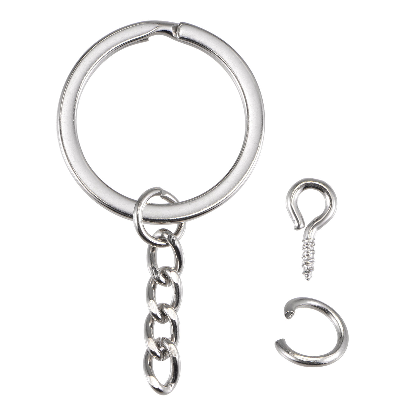 uxcell Uxcell Flat Split Key Ring with Chain 2.5x28mm, with 8mm Open Jump Ring Connector, with 10mm Small Screw Eye Pins, Nickel Plated Iron, Pack of 20