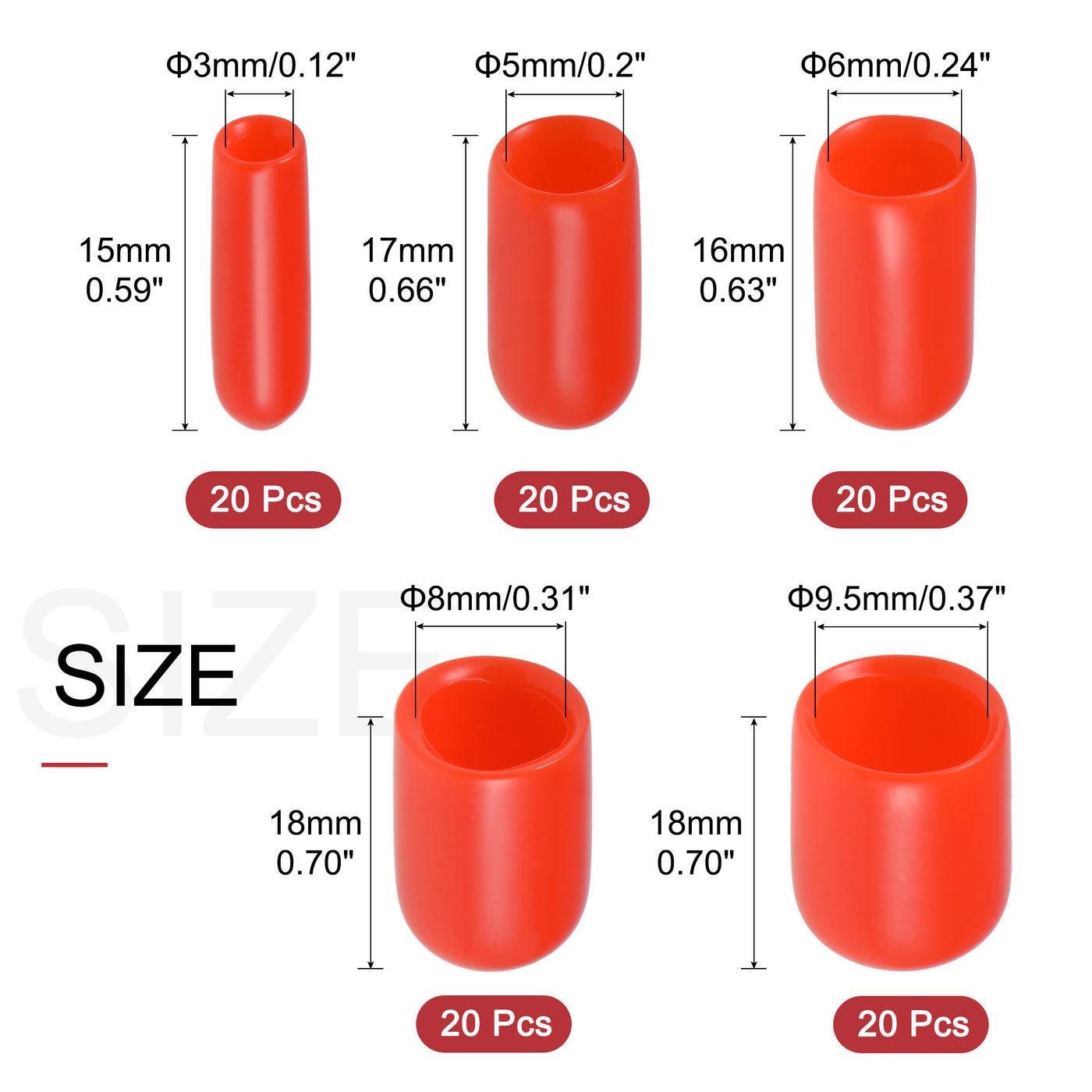 uxcell Uxcell 100pcs Round Rubber End Caps 1/8" 3/16" 1/4" 5/16" 3/8" Red Vinyl Cover Screw Thread Protectors Assortment Kit