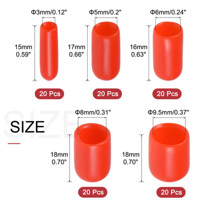 Harfington Uxcell 100pcs Round Rubber End Caps 1/8" 3/16" 1/4" 5/16" 3/8" Red Vinyl Cover Screw Thread Protectors Assortment Kit