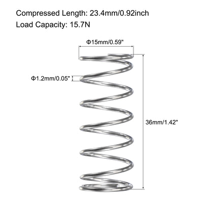 Harfington Uxcell 15mmx1.2mmx36mm 304 Stainless Steel Compression Spring 15.7N Load Capacity 5pcs