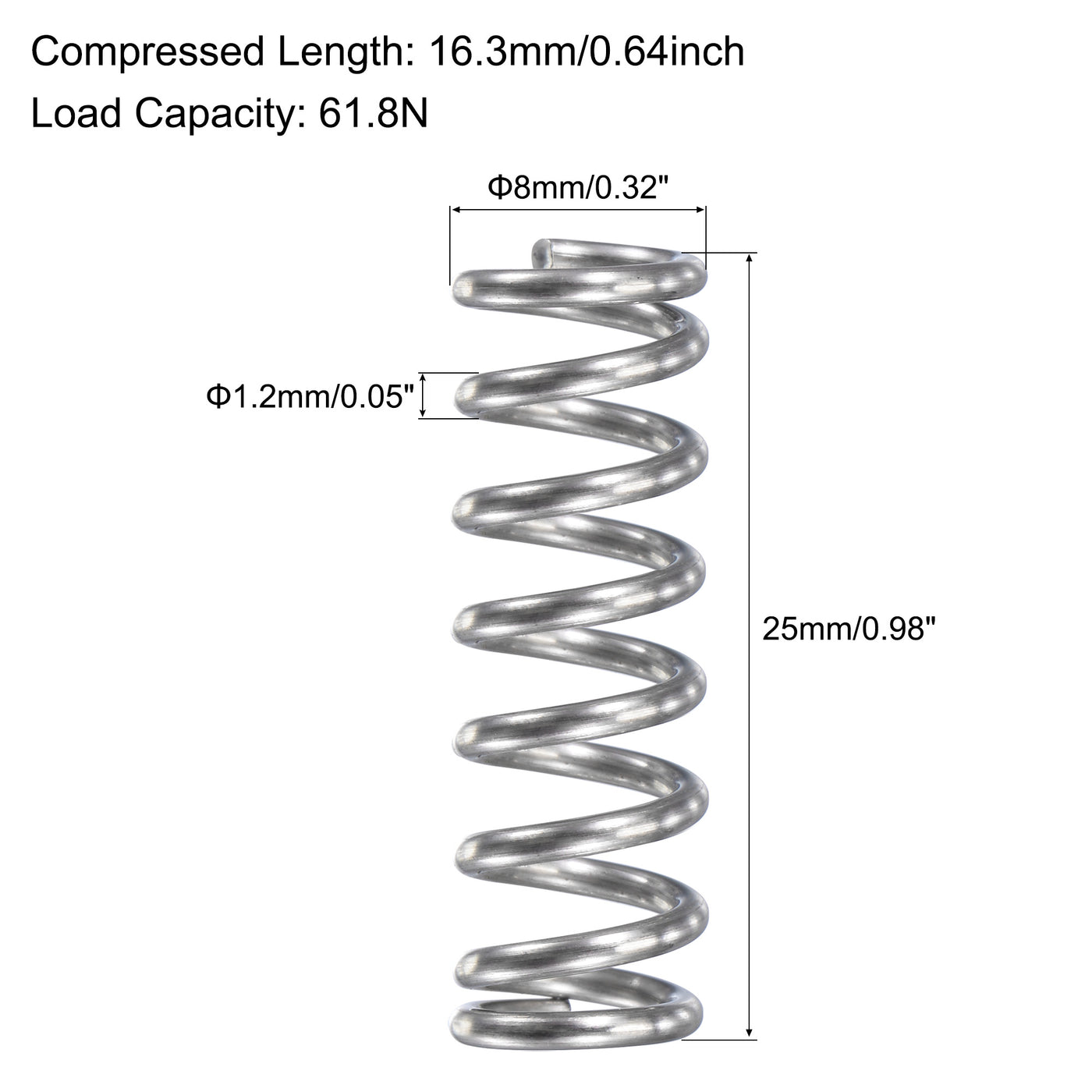 uxcell Uxcell 8mmx1.2mmx25mm 304 Stainless Steel Compression Spring 61.8N Load Capacity 15pcs