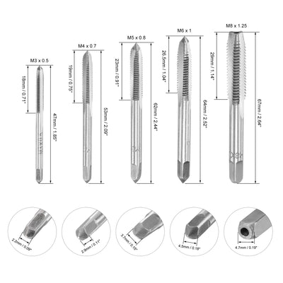 Harfington Uxcell M3 M4 M5 M6 M8 Hand Threading Tap Set High Speed Steel Straight Flutes Metric Thread Screw Taps Uncoated 5pcs
