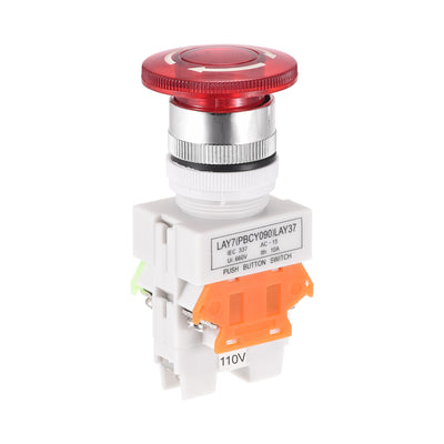 Harfington Uxcell 22mm Mounting Latching Emergency Stop Push Button Switch AC250V 10A With  Light 110V 1NO 1NC