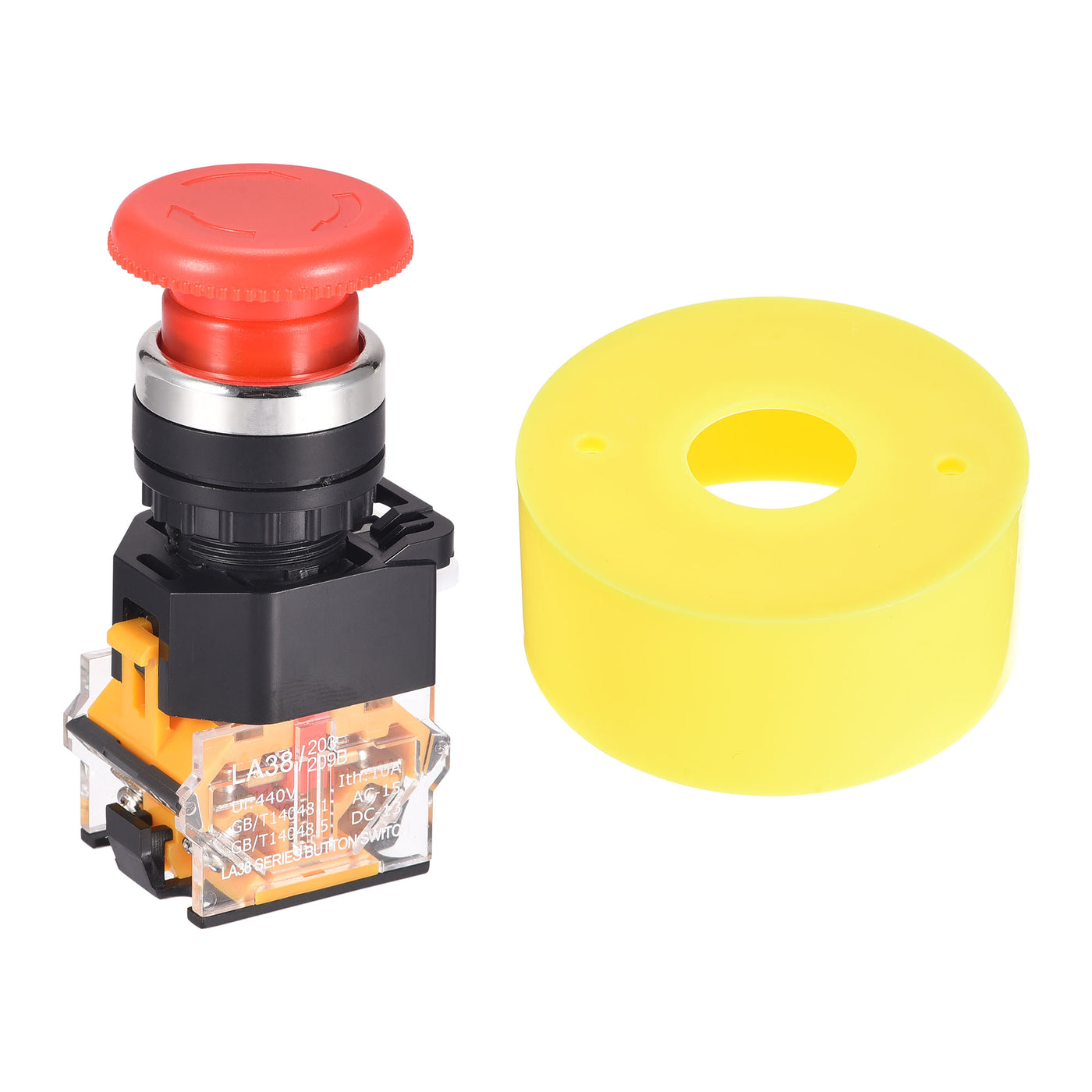 uxcell Uxcell 22mm Mounting Latching Emergency Stop Push Button Switch With 65mm Yellow Protective Circle 1NO 1NC