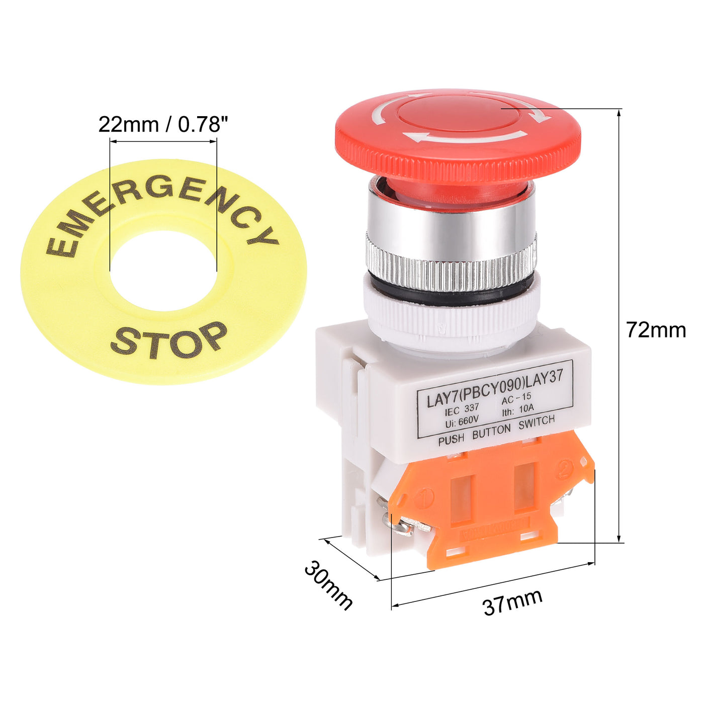 uxcell Uxcell 22mm Mounting Latching Emergency Stop Push Button Switch With 60mm Emergency Stop Sign 1NC
