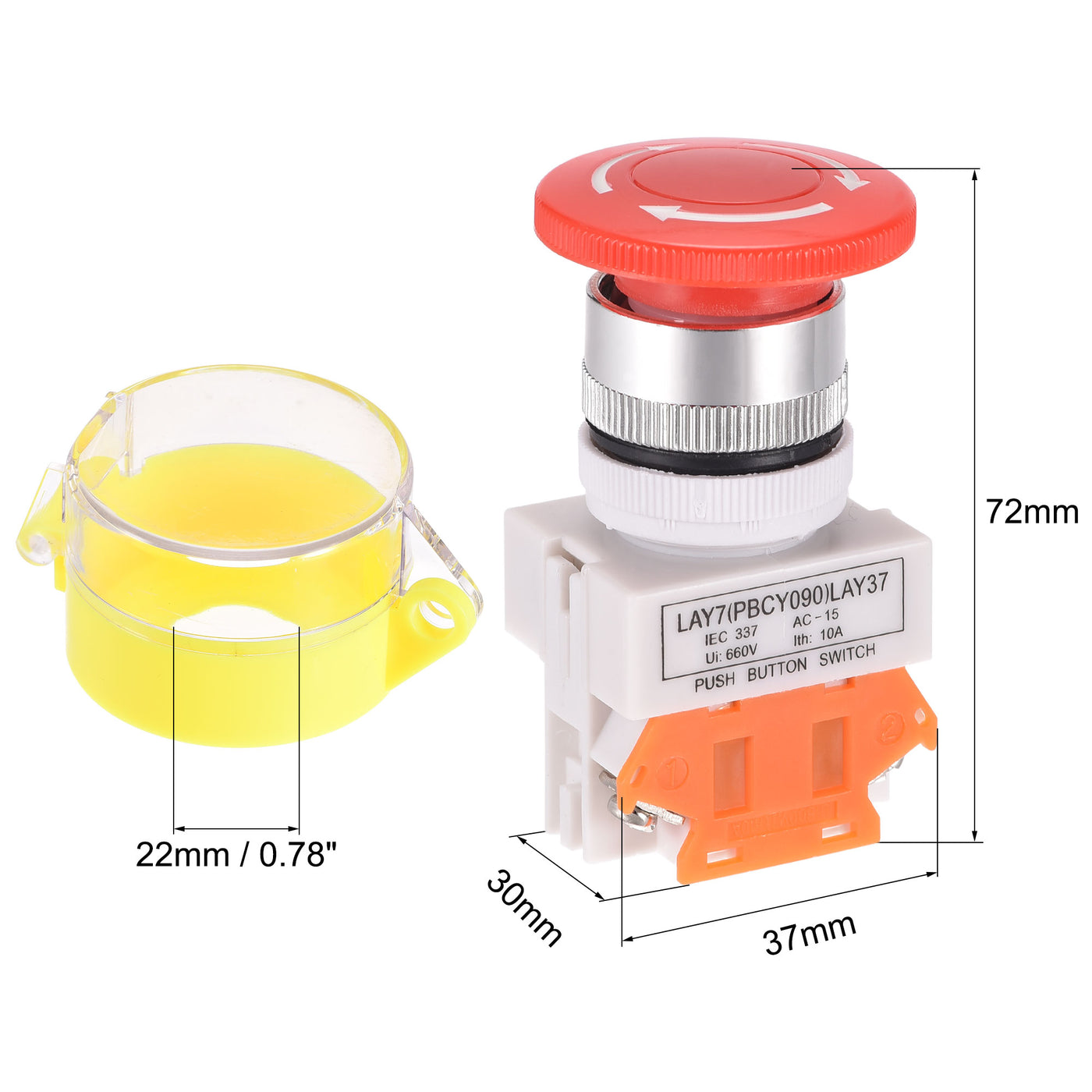 uxcell Uxcell 22mm Mounting Latching Emergency Stop Push Button Switch With Yellow Protective Cover 1NC