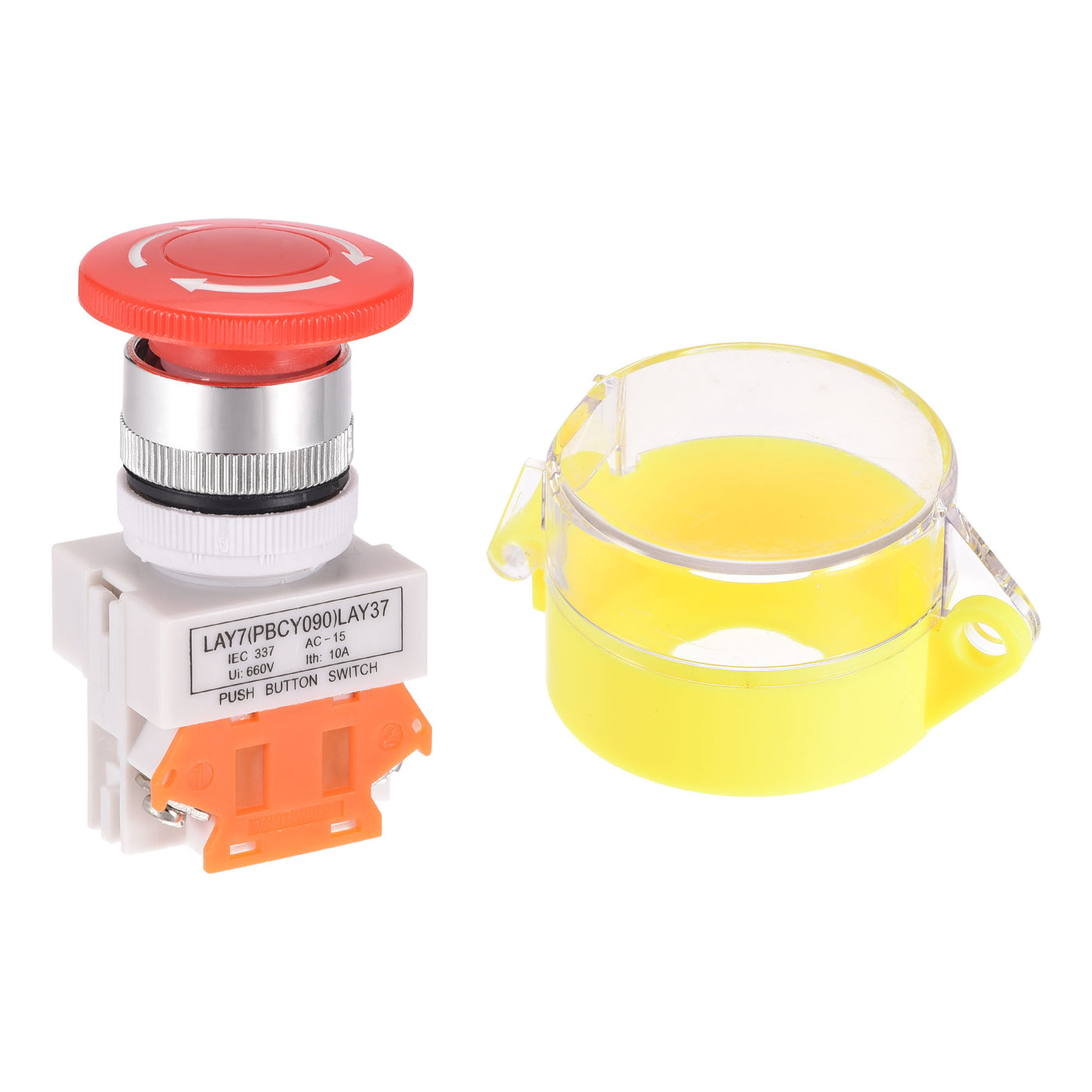 uxcell Uxcell 22mm Mounting Latching Emergency Stop Push Button Switch With Yellow Protective Cover 1NC