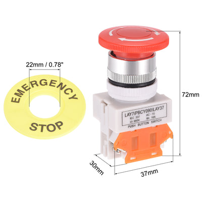 Harfington Uxcell 22mm Mounting Latching Emergency Stop Push Button Switch with Yellow Protective Cover 60mm Emergency Stop Sign 1NC
