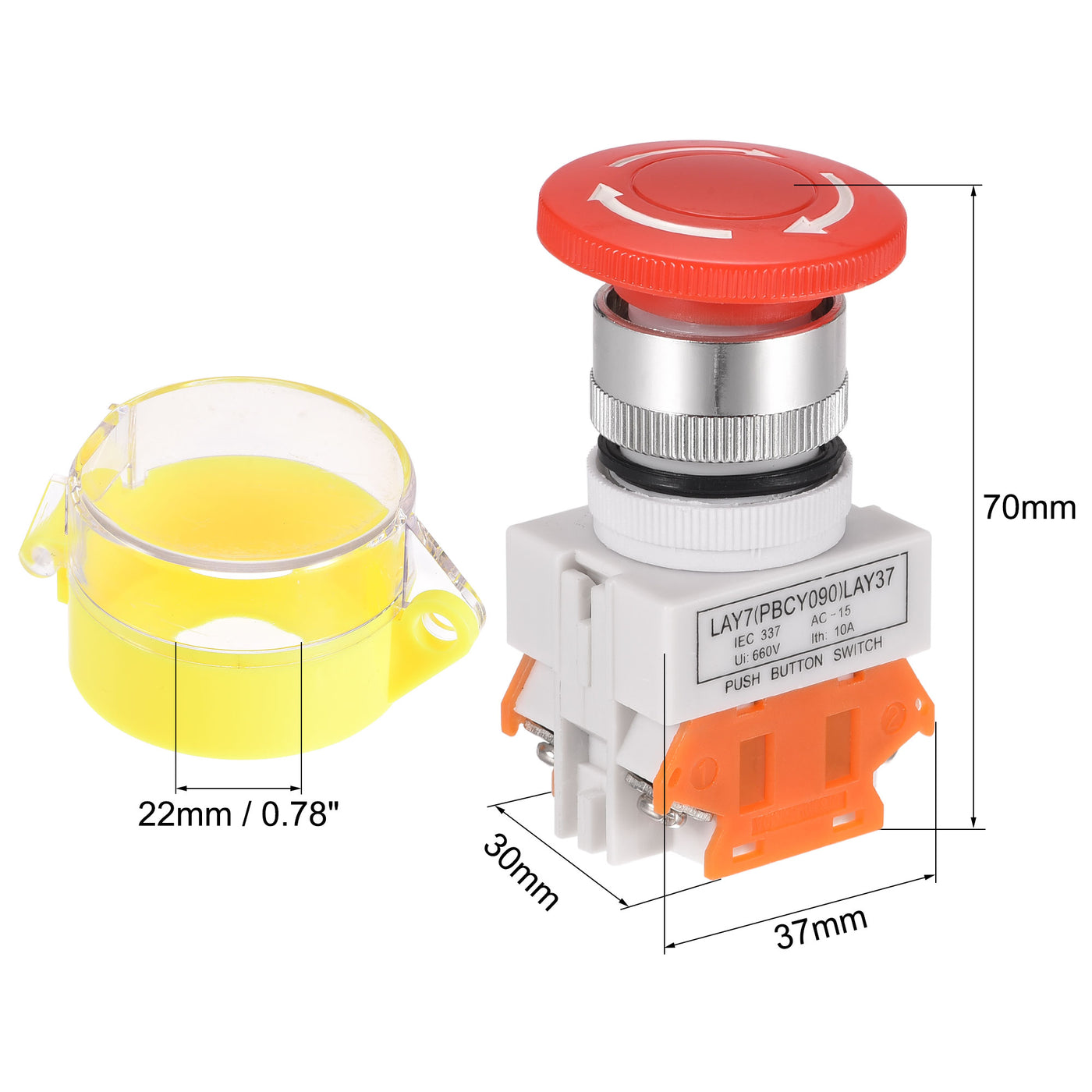 uxcell Uxcell 22mm Mounting Latching Emergency Stop Push Button Switch With Yellow Protective Cover 2NC