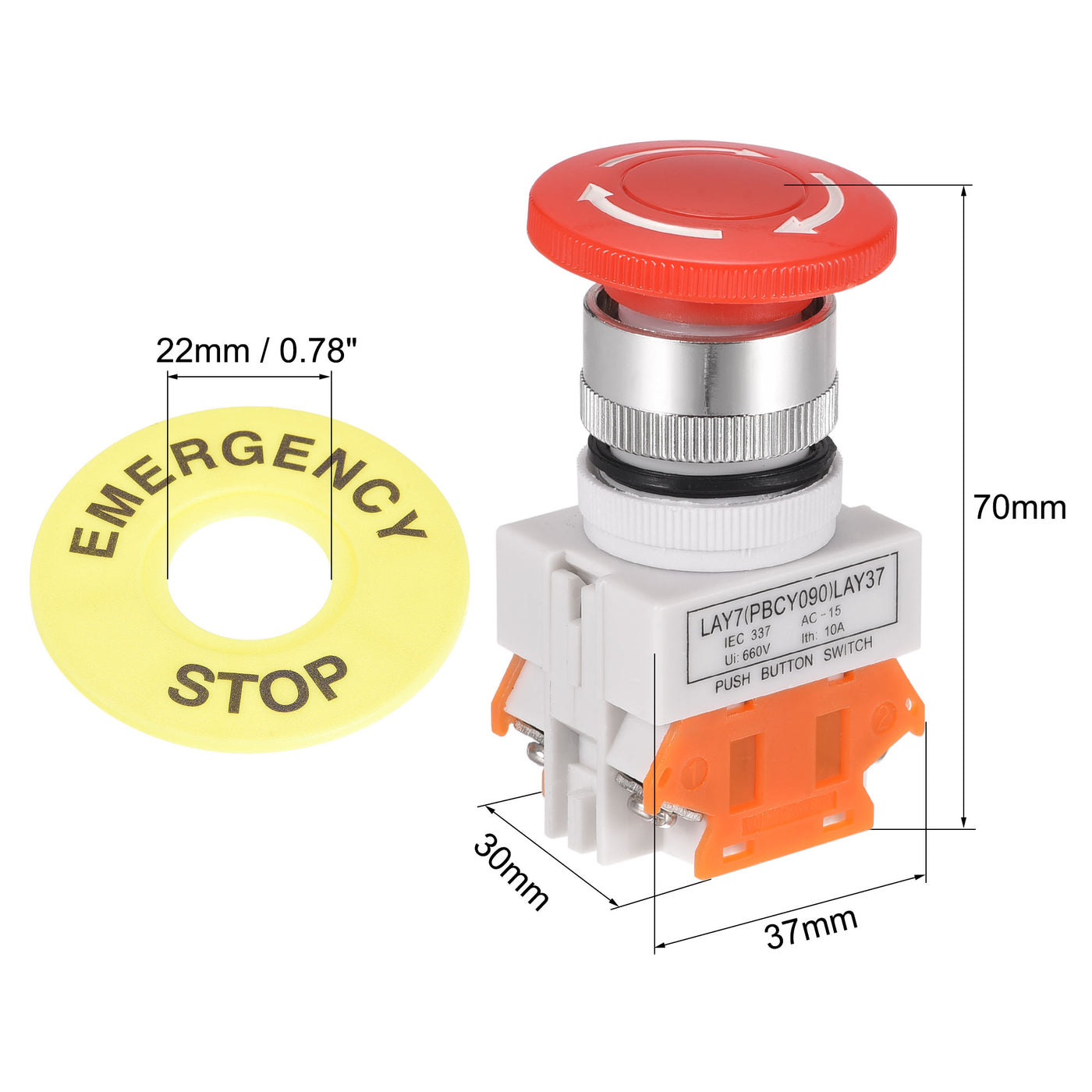 uxcell Uxcell 22mm Mounting Latching Emergency Stop Push Button Switch With Yellow Protective Cover 60mm Emergency Stop Sign 2NC