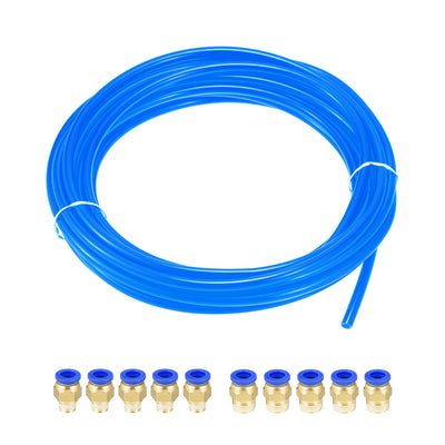 Harfington Uxcell Pneumatic Air Hose Tubing PU Air Compressor Tube 5mm/0.2''IDx8mm/0.3''ODx10m/32.8Ft Polyurethane Pipe Blue with Threaded Connect Kit