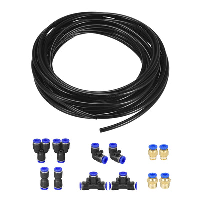 Harfington Uxcell Pneumatic Air Hose Tubing PU Air Compressor Tube 4mm/0.16''ID x 6mm/0.23''OD x 10m/32.8Ft Polyurethane Pipe Black with Connect Fitting Kit