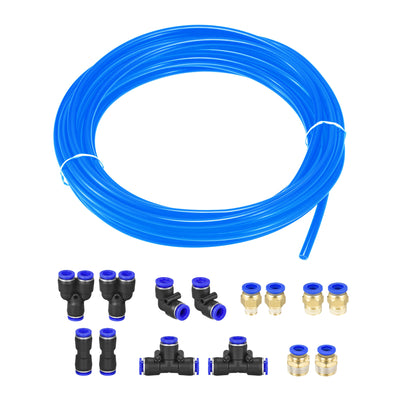 Harfington Uxcell Pneumatic Air Hose Tubing PU Air Compressor Tube 5mm/0.2''ID x 8mm/0.3''OD x 10m/32.8Ft Polyurethane Pipe Blue with 7 Type Connect Fittings