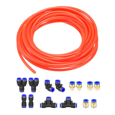 Harfington Uxcell Pneumatic Air Hose Tubing PU Air Compressor Tube 5mm/0.2''ID x 8mm/0.3''OD x 10m/32.8Ft Polyurethane Pipe Bright Orange with 7 Type Connect Fittings