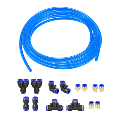 Harfington Uxcell Pneumatic Air Hose Tubing PU Air Compressor Tube 6.5mm/0.25''ID x 10mm/0.4''OD x 10m/32.8Ft Polyurethane Pipe Blue with 7 Type Connect Fittings