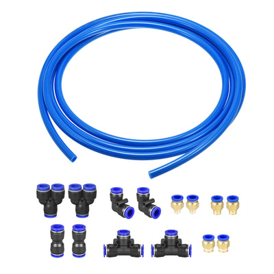Harfington Uxcell Pneumatic Air Hose Tubing PU Air Compressor Tube 8mm/0.3''ID x 12mm/0.5''OD x 10m/32.8Ft Polyurethane Pipe Blue with 7 Type Connect Fittings