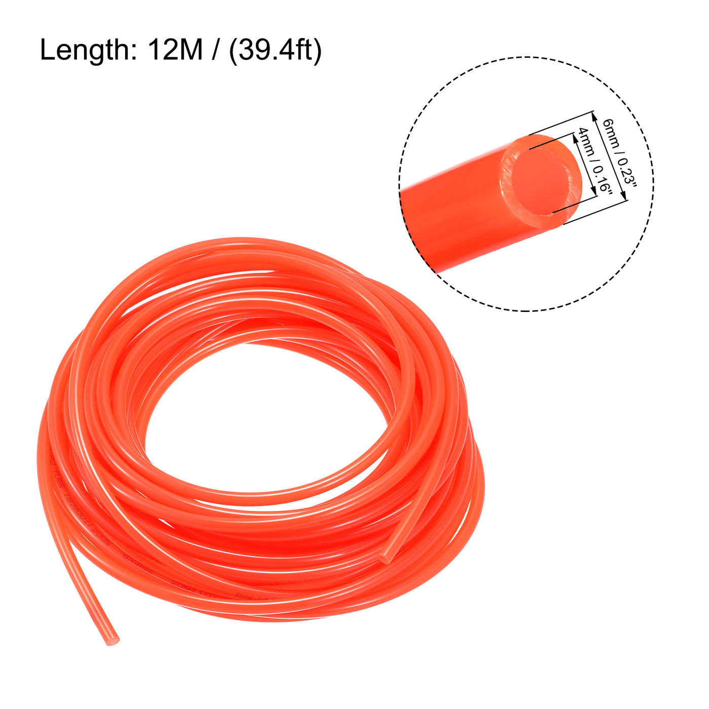 uxcell Uxcell Pneumatic Air Hose Tubing Air Compressor Tube 4mm/0.16''ID x 6mm/0.23''OD x 12m/39.4Ft Polyurethane Pipe Bright Orange