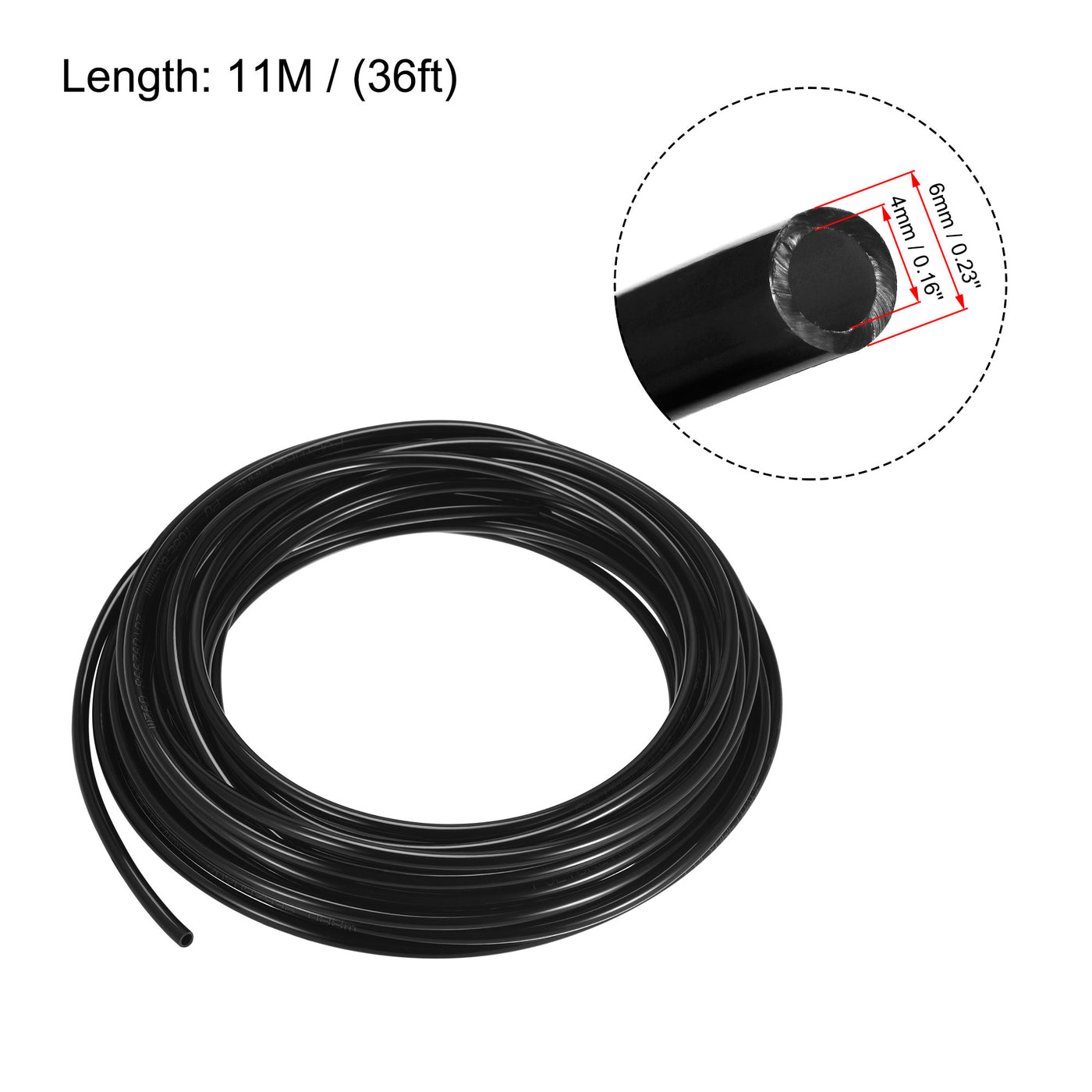 uxcell Uxcell Pneumatic Air Hose Tubing Air Compressor Tube 4mm/0.16''ID x 6mm/0.23''OD x 11m/36Ft Polyurethane Pipe Black