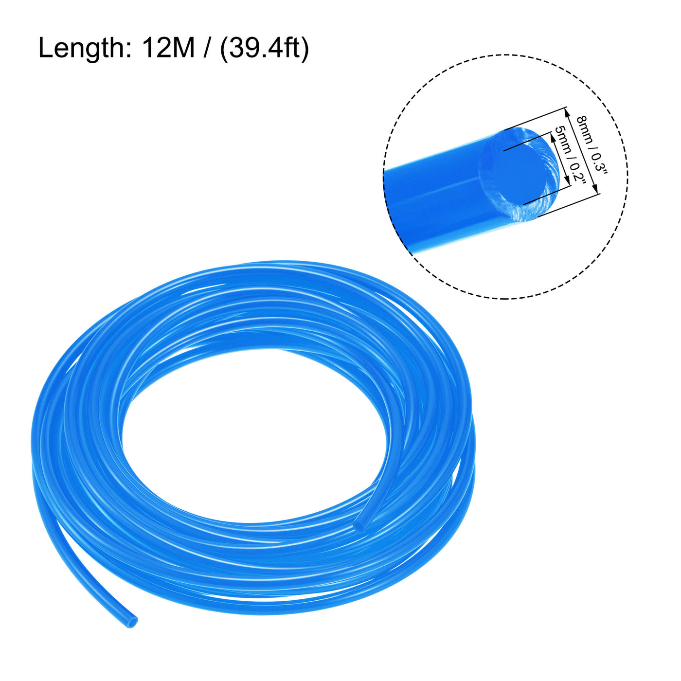 uxcell Uxcell Pneumatic Air Hose Tubing Air Compressor Tube 5mm/0.2''ID x 8mm/0.3''OD x 12m/39.4Ft Polyurethane Pipe Blue