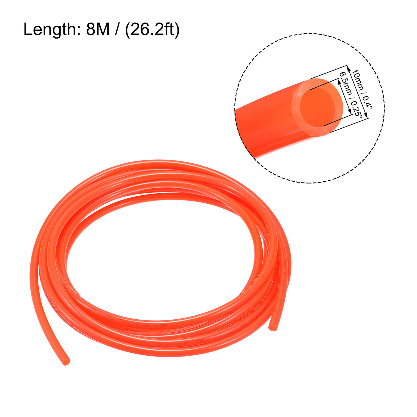 uxcell Uxcell Pneumatic Air Hose Tubing Air Compressor Tube 6.5mm/0.25''ID x 10mm/0.4''OD x 8m/26.2Ft Polyurethane Pipe Bright Orange