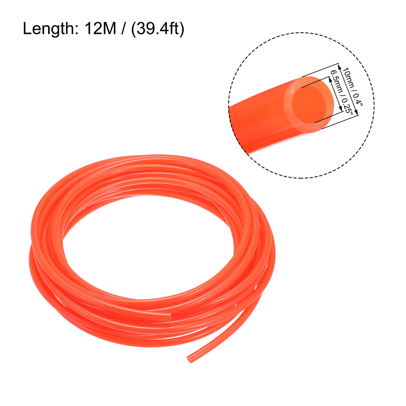 uxcell Uxcell Pneumatic Air Hose Tubing Air Compressor Tube 6.5mm/0.25''ID x 10mm/0.4''OD x 12m/39.4Ft Polyurethane Pipe Bright Orange