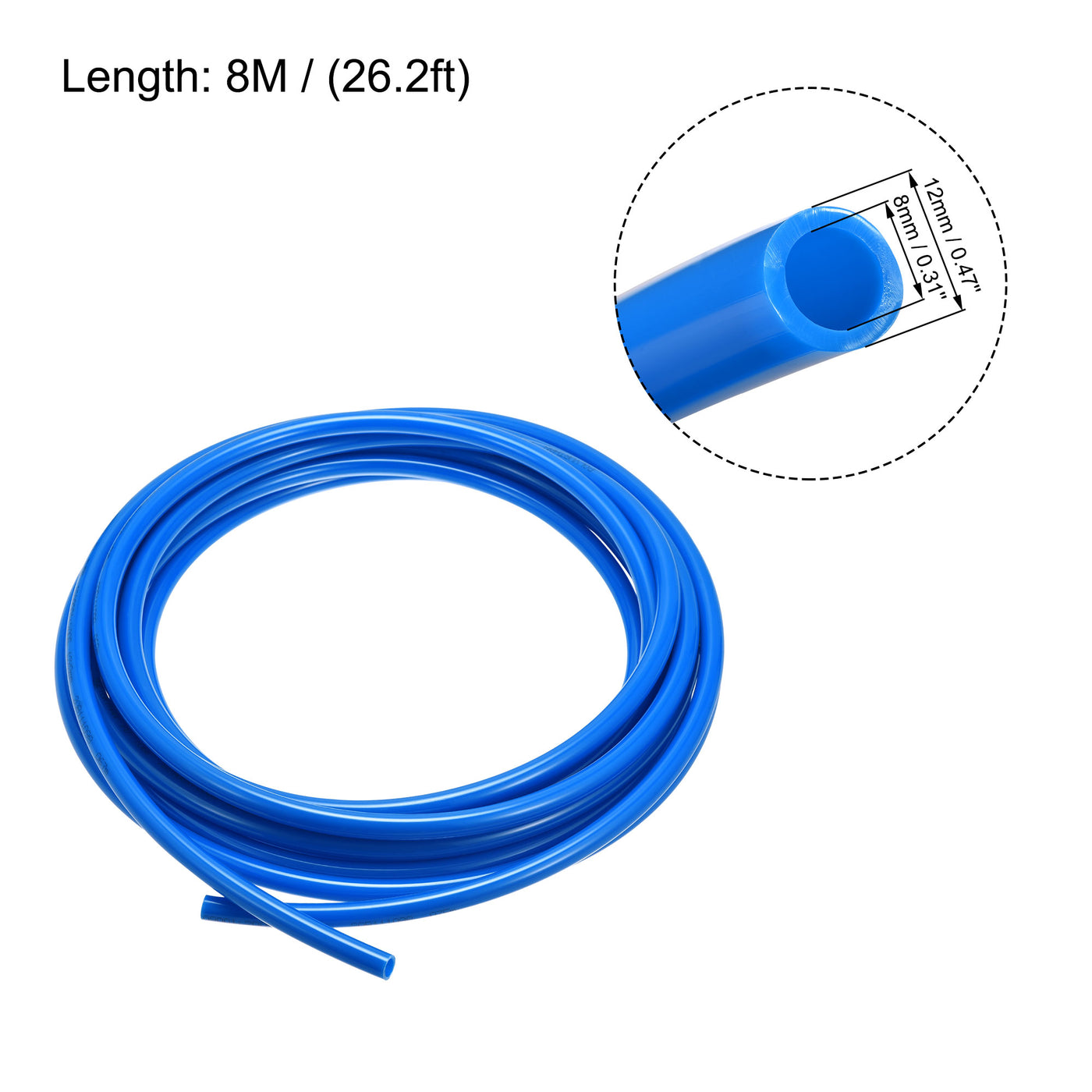uxcell Uxcell Pneumatic Air Hose Tubing Air Compressor Tube 8mm/0.31''ID x 12mm/0.47''OD x 8m/26.2Ft Polyurethane Pipe Blue