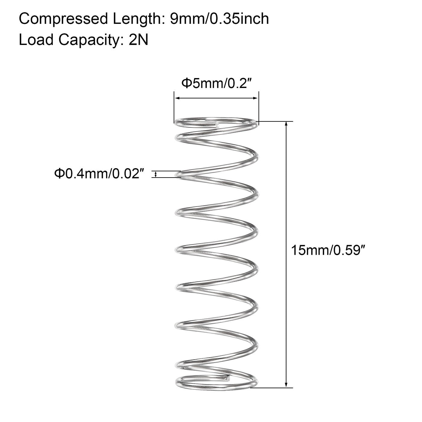Uxcell 5mmx0.4mmx15mm 304 Stainless Steel Compression Spring 2N Load ...