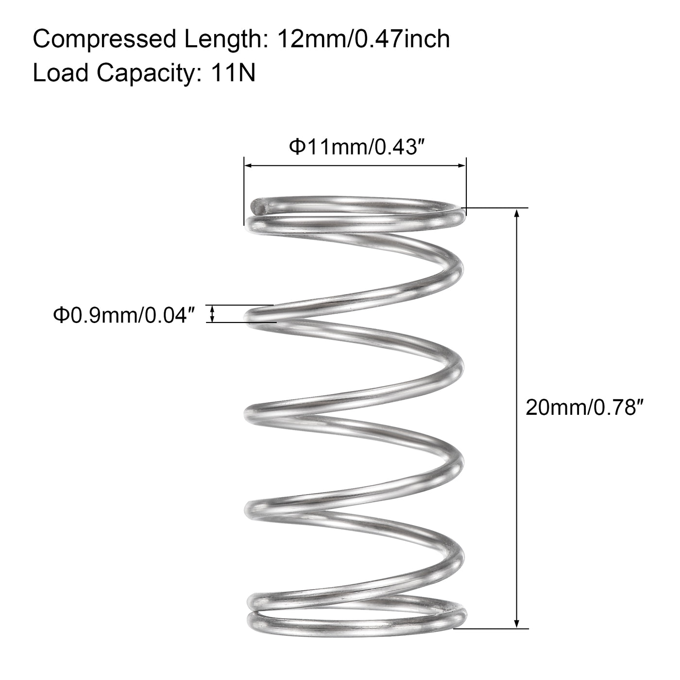 uxcell Uxcell 11mmx0.9mmx20mm 304 Stainless Steel Compression Spring 11N Load Capacity 10pcs