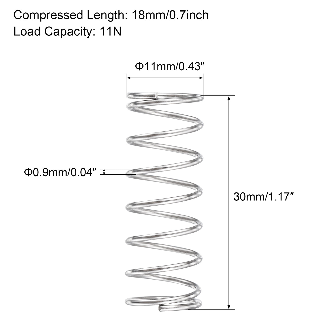 uxcell Uxcell 11mmx0.9mmx30mm 304 Stainless Steel Compression Spring 11N Load Capacity 10pcs