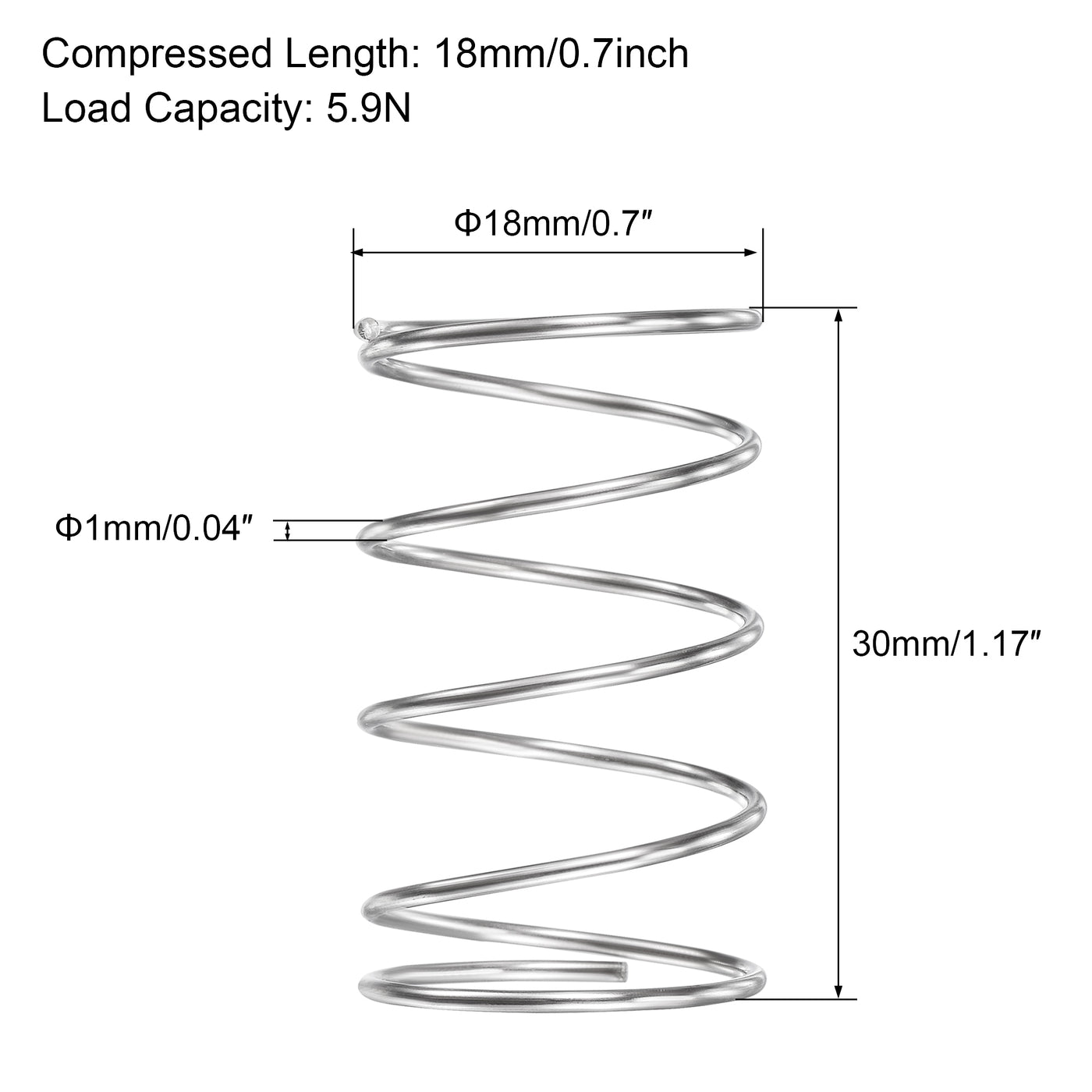 uxcell Uxcell 18mmx1mmx30mm 304 Stainless Steel Compression Spring 5.9N Load Capacity 5pcs