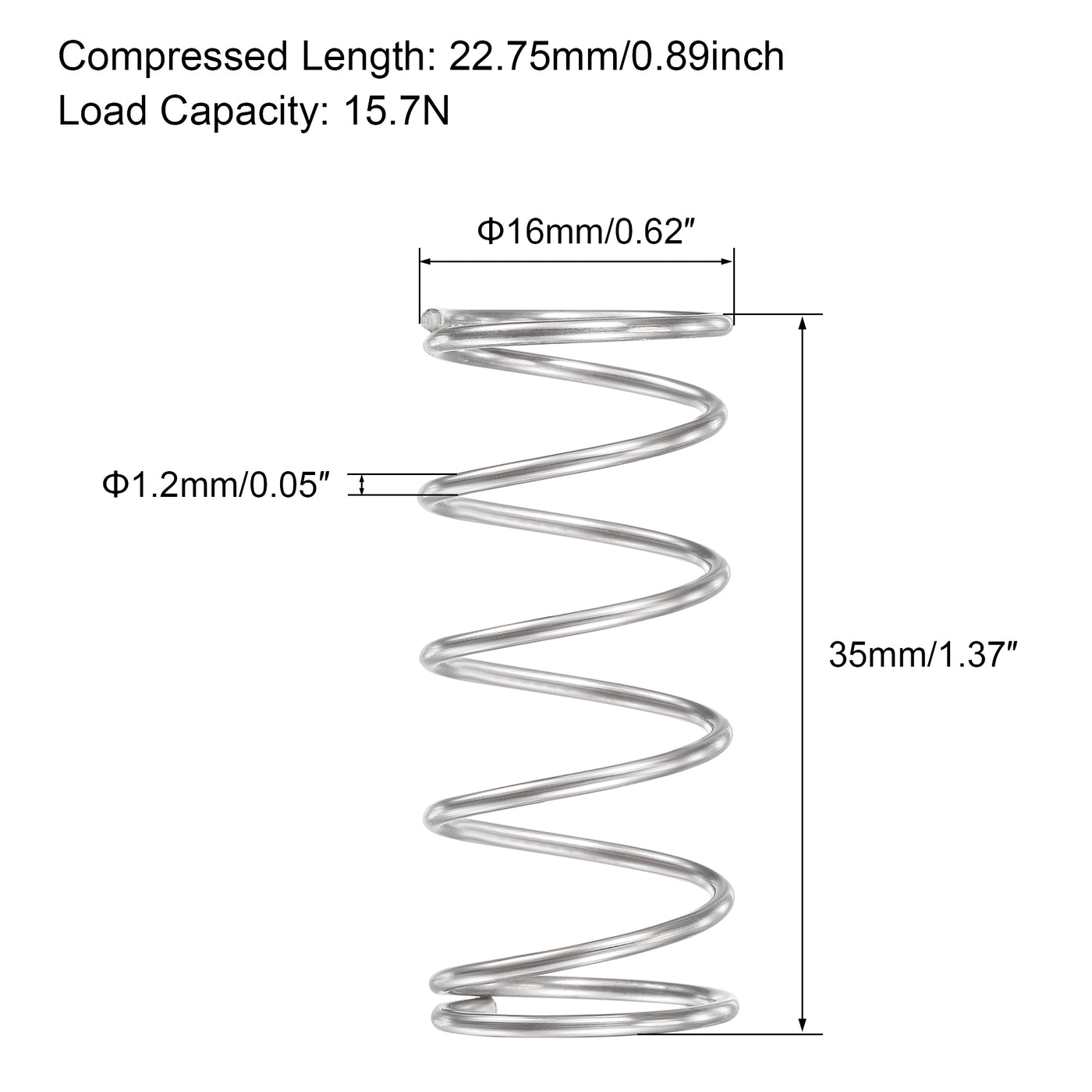 uxcell Uxcell 16mmx1.2mmx35mm 304 Stainless Steel Compression Spring 15.7N Load Capacity 5pcs