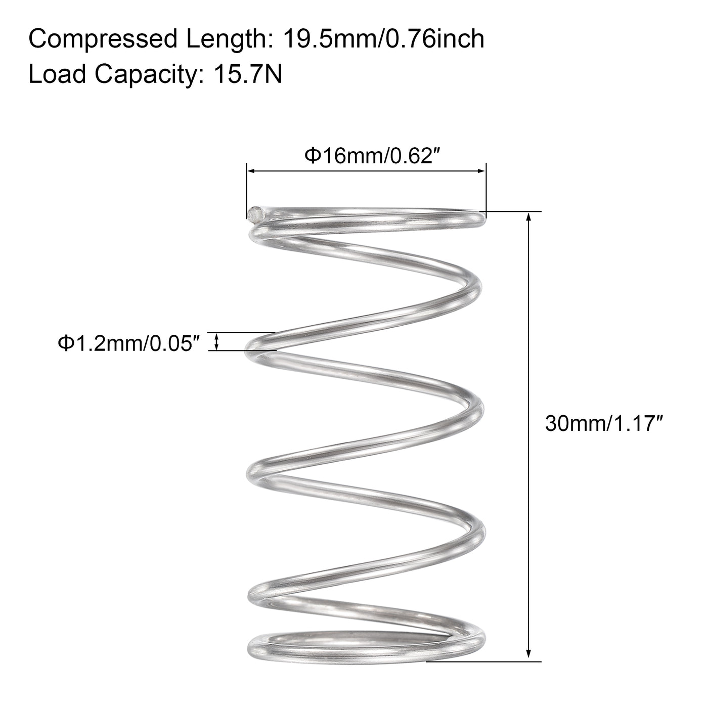 uxcell Uxcell 16mmx1.2mmx30mm 304 Stainless Steel Compression Spring 15.7N Load Capacity 5pcs