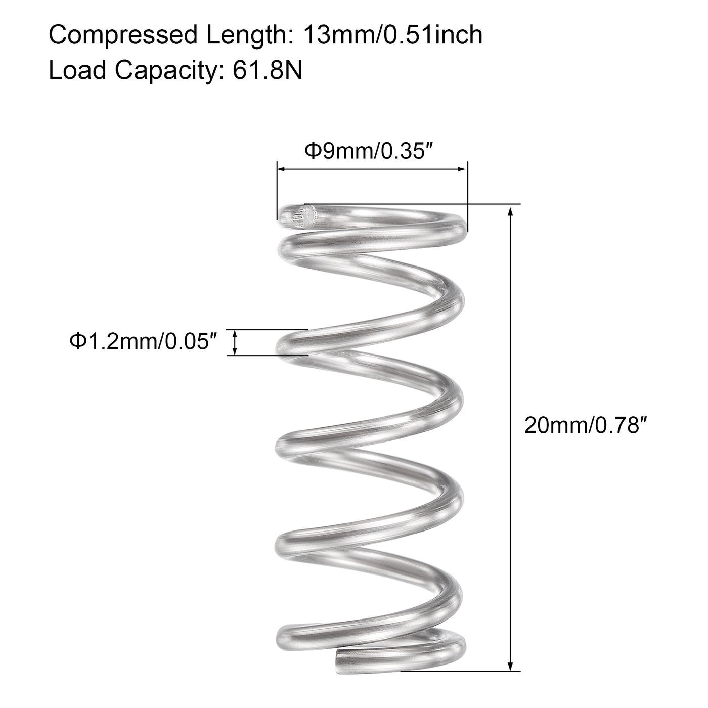 uxcell Uxcell 9mmx1.2mmx20mm 304 Stainless Steel Compression Spring 61.8N Load Capacity 5pcs