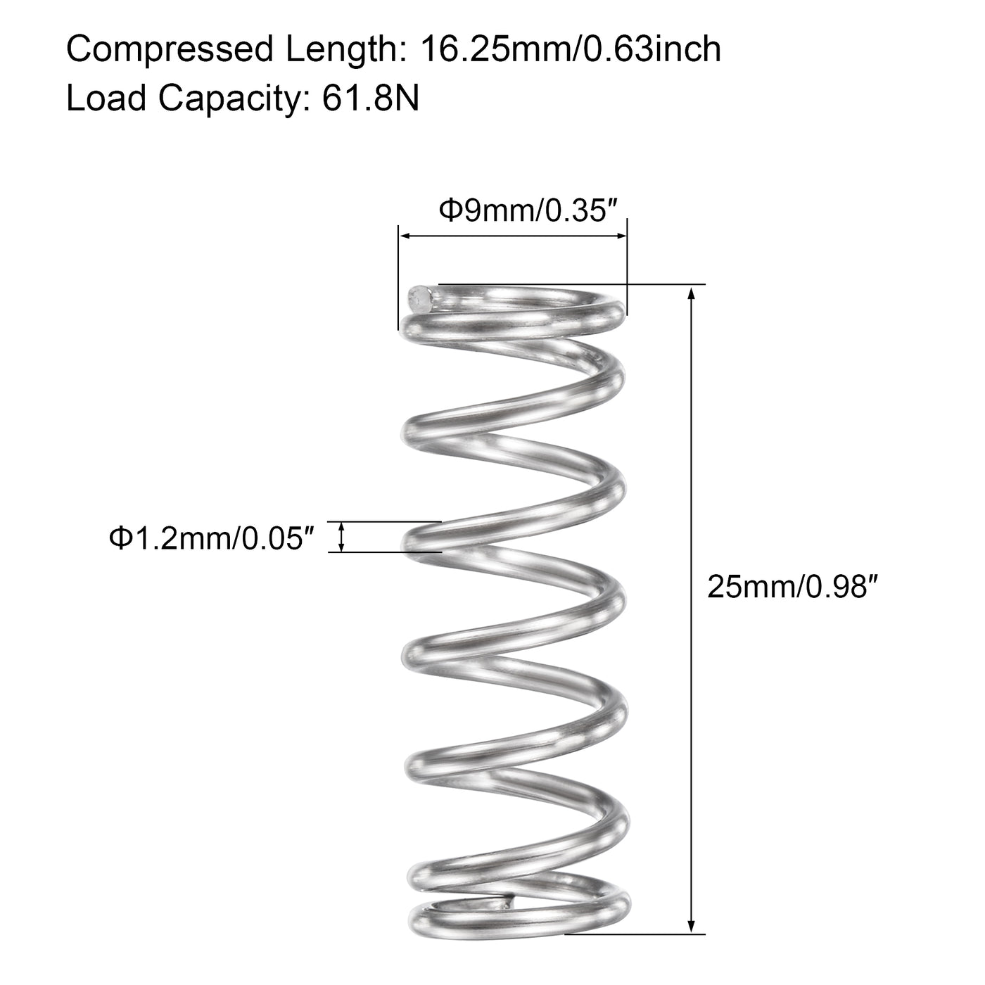 uxcell Uxcell 9mmx1.2mmx25mm 304 Stainless Steel Compression Spring 61.8N Load Capacity 5pcs