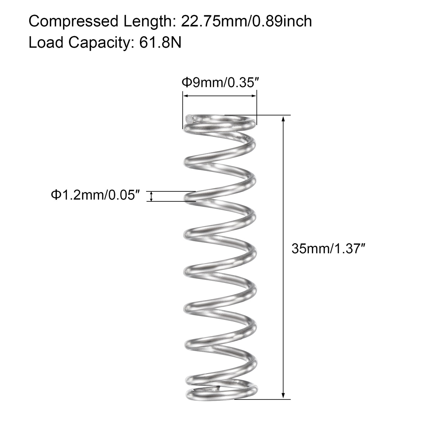 uxcell Uxcell 9mmx1.2mmx35mm 304 Stainless Steel Compression Spring 61.8N Load Capacity 5pcs