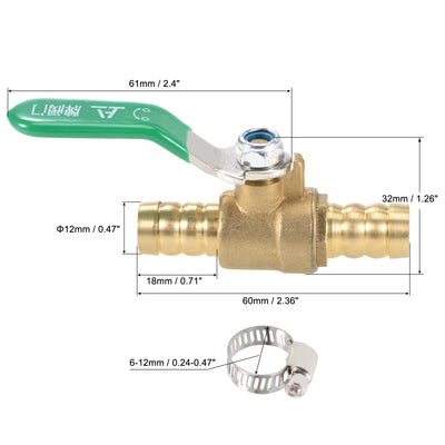 Harfington Uxcell Brass Air Ball Valve Shut Off Switch 8mm Hose Barb to 8mm Hose Barb with Clamps Green Handle 2Pcs