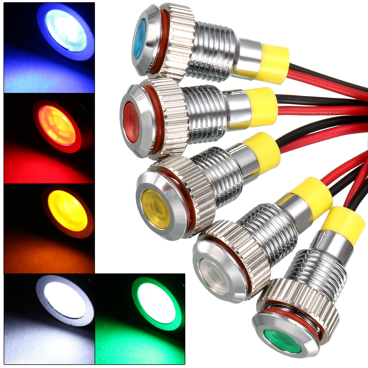 uxcell Uxcell Signal Indicator Light AC/DC 12V 8mm Dash Lamp Flush Panel Mount Metal Shell White Red Yellow Blue Green 5Pcs