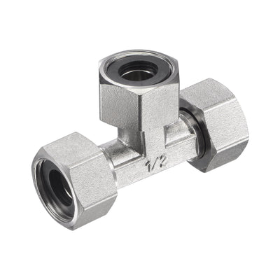 Harfington Uxcell Pipe Fitting Tee G1/2 Female Thread 3 Way T Shape Swivel Nut Hose Connector Adapter, Nickel-Plated Copper