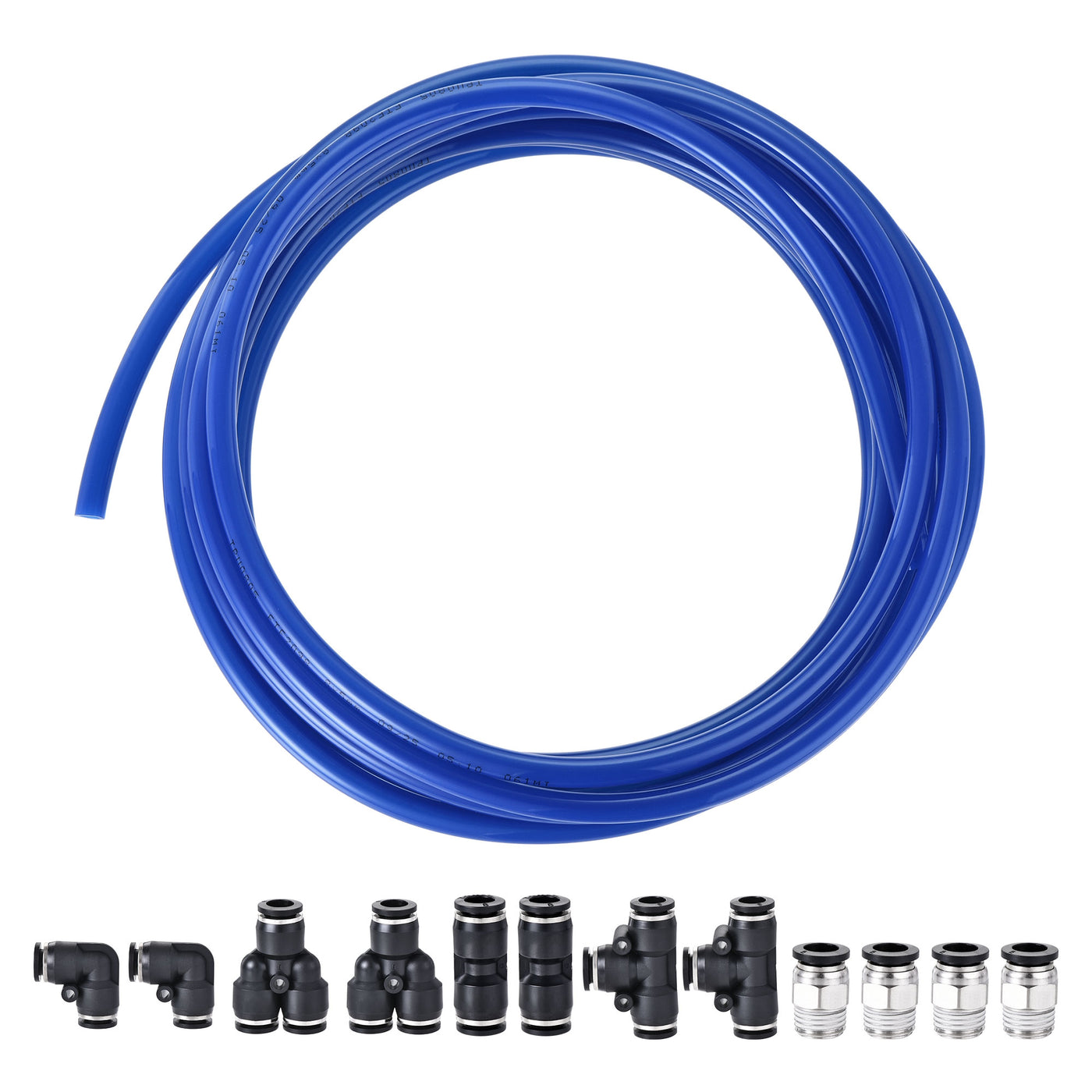 uxcell Uxcell Pneumatic 8mm OD PU Air Hose Tubing Kit 5 Meters Blue with 12 Pcs Push to Connect Fittings