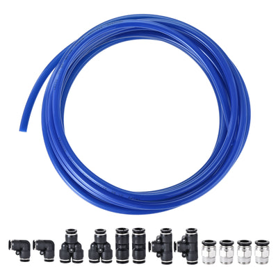 Harfington Uxcell Pneumatic 8mm OD PU Air Hose Tubing Kit 5 Meters Blue with 12 Pcs Push to Connect Fittings