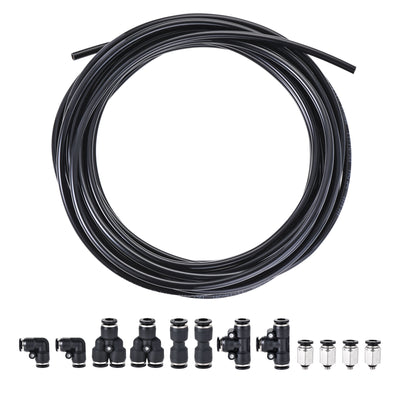 Harfington Uxcell Pneumatic 6mm OD PU Air Hose Pipe Tube Kit 10M Black with Push to Connect Fittings