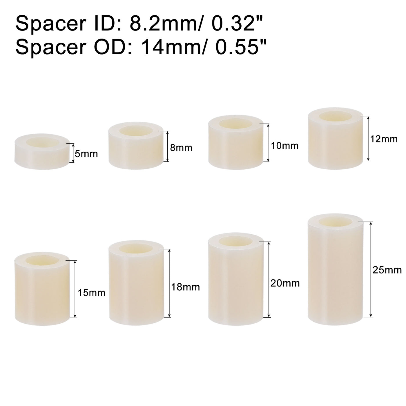 uxcell Uxcell ABS Round Spacer Assortment Kit ID 8.2mm OD 14mm, 8 Sizes Standoff, 80pcs