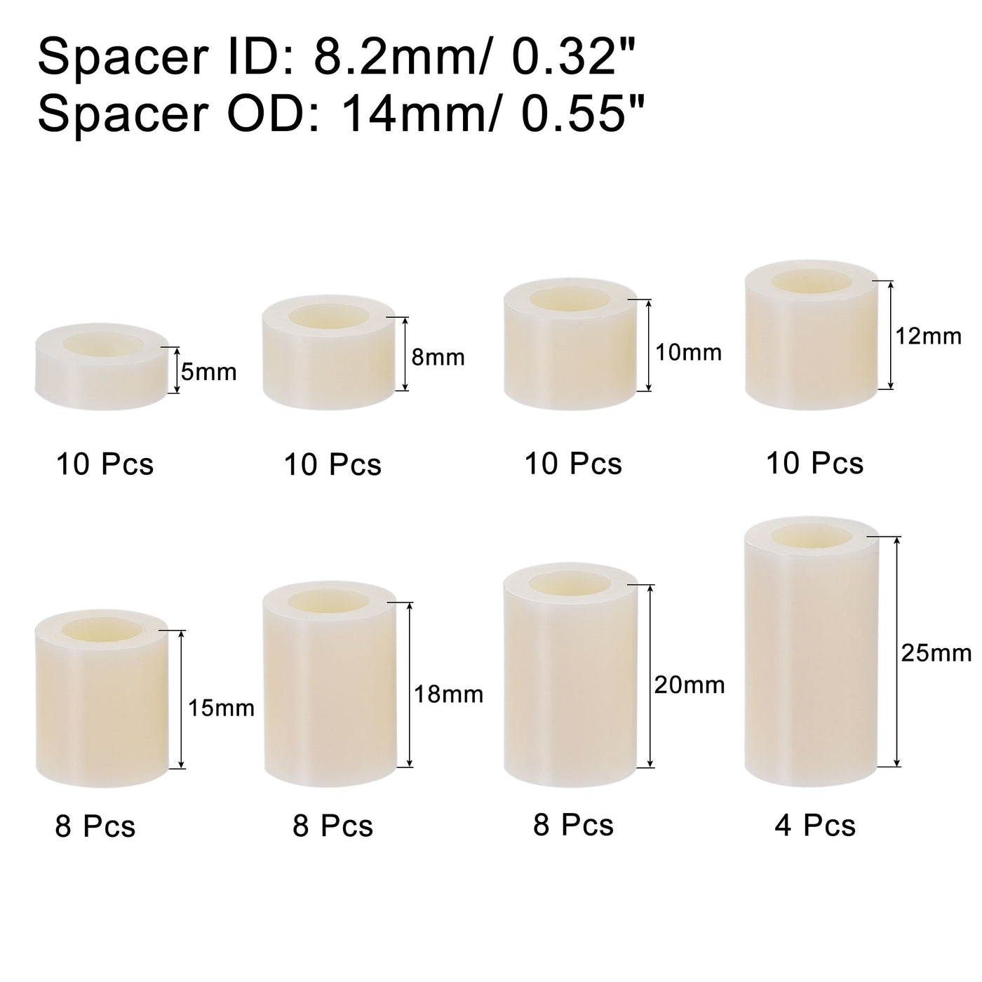 uxcell Uxcell ABS Round Spacer Assortment Kit ID 8.2mm OD 14mm, 8 Sizes Standoff, 68pcs