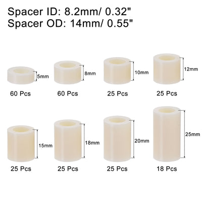 Harfington Uxcell ABS Round Spacer Assortment Kit ID 8.2mm OD 14mm, 8 Sizes Standoff, 263pcs