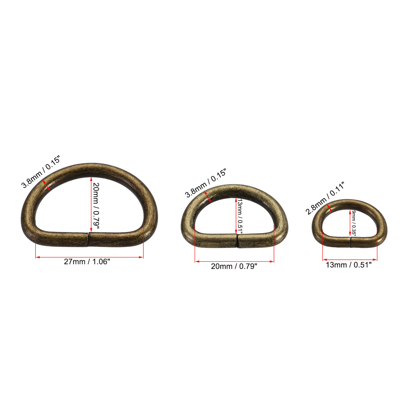 uxcell Uxcell Metal D Ring 13mm 20mm 27mm D-Rings Buckle Bronze Tone 3 Size(Total 60pcs)