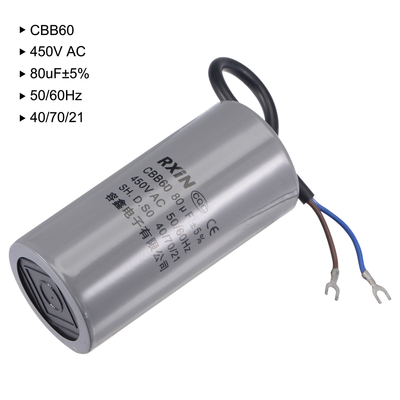 uxcell Uxcell CBB60 Run Capacitor 80uF 450V AC 2 Wires 50/60Hz Cylinder 123x60mm with Terminal for Air Compressor Water Pump Motor